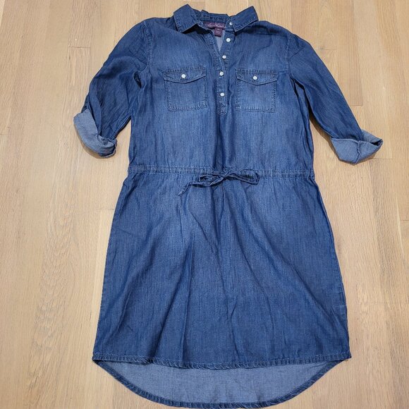 Gloria Vanderbilt Dress Denim Above Knee XS Chambray Roll Tab Sleeve Drawstring - Picture 1 of 14